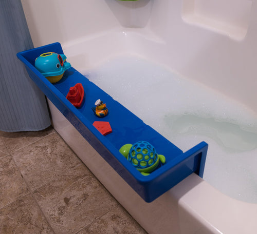 Tub Topper® Bathtub Splash Guard Play Shelf Area -Toy Tray Caddy Holder Storage - Suction Cups Attach to Bath Tub - No Mess Water Spill in Bathroom - Fun for Toddlers Kids Baby (Blue)