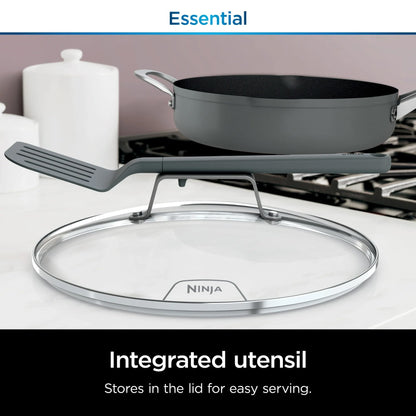 Ninja Foodi NeverStick Oven Safe Pan with Lid, Mesh Strainer, & Spatula, 4 Quart, Sea Salt Grey