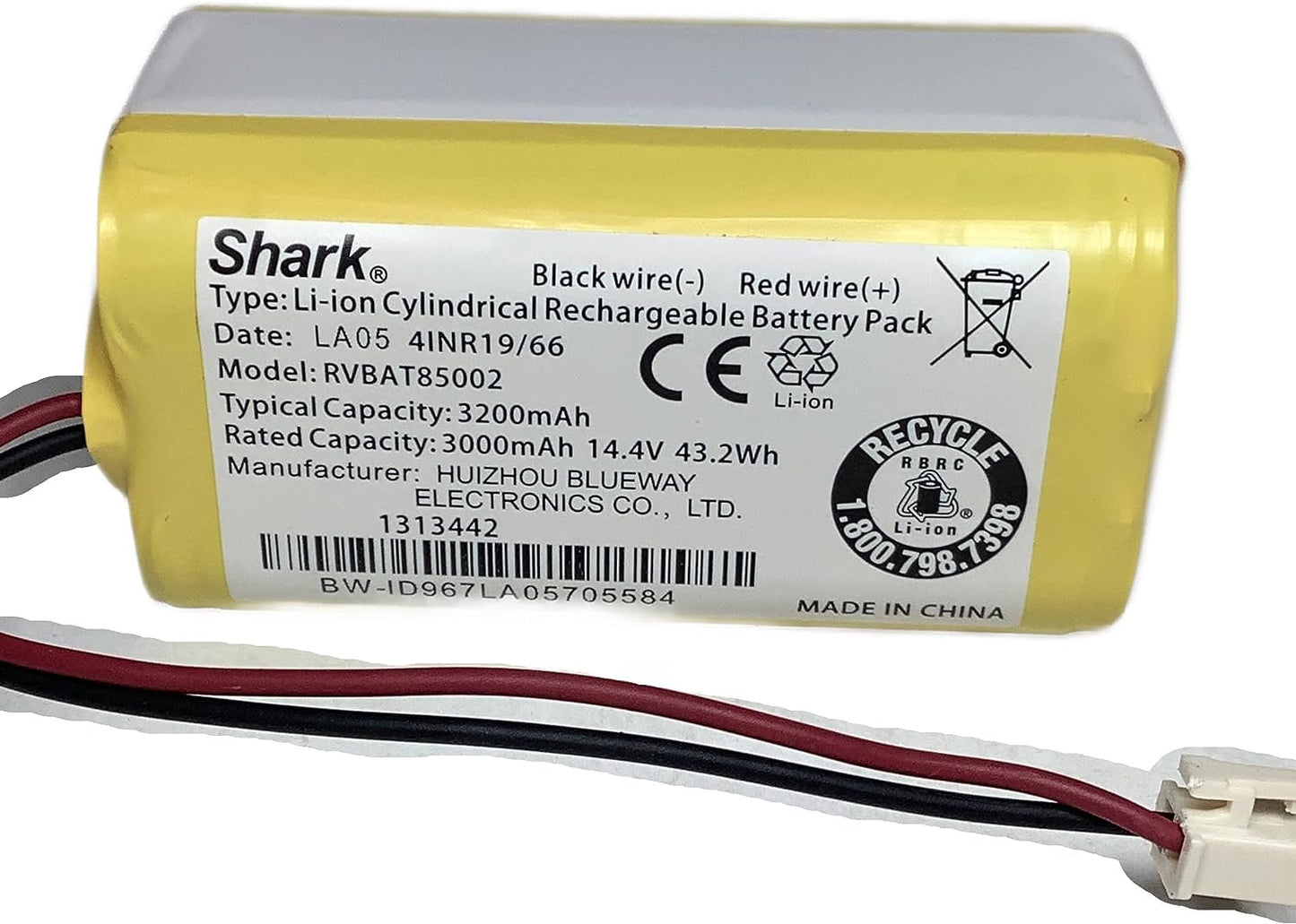 Ninja Genuine Shark 14.4V 3000mA 43.2Wh Li-ion Cylindrical Rechargeable Battery RVBT85002 for ION IQ AI Robot Vacuum, 2-pin Yellow