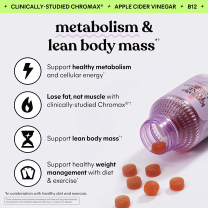 Lemme Tone Metabolism Gummies, Apple Cider Vinegar, Clinically Studied Chromium, B12, Ginger, Promote Lean Body Mass, Watermelon Apple Flavor (30 Day Supply)