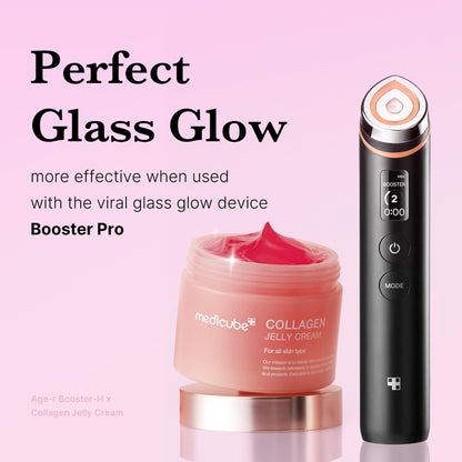 medicube Pink Skincare Set for Glass Glow Skin: Age-R Booster Pro Pink | 6-in-1 Real Glass Glow Beauty Massager and Collagen Jelly Cream- Niacinamide & Freeze-Dried Hydrolyzed Collagen 110ml