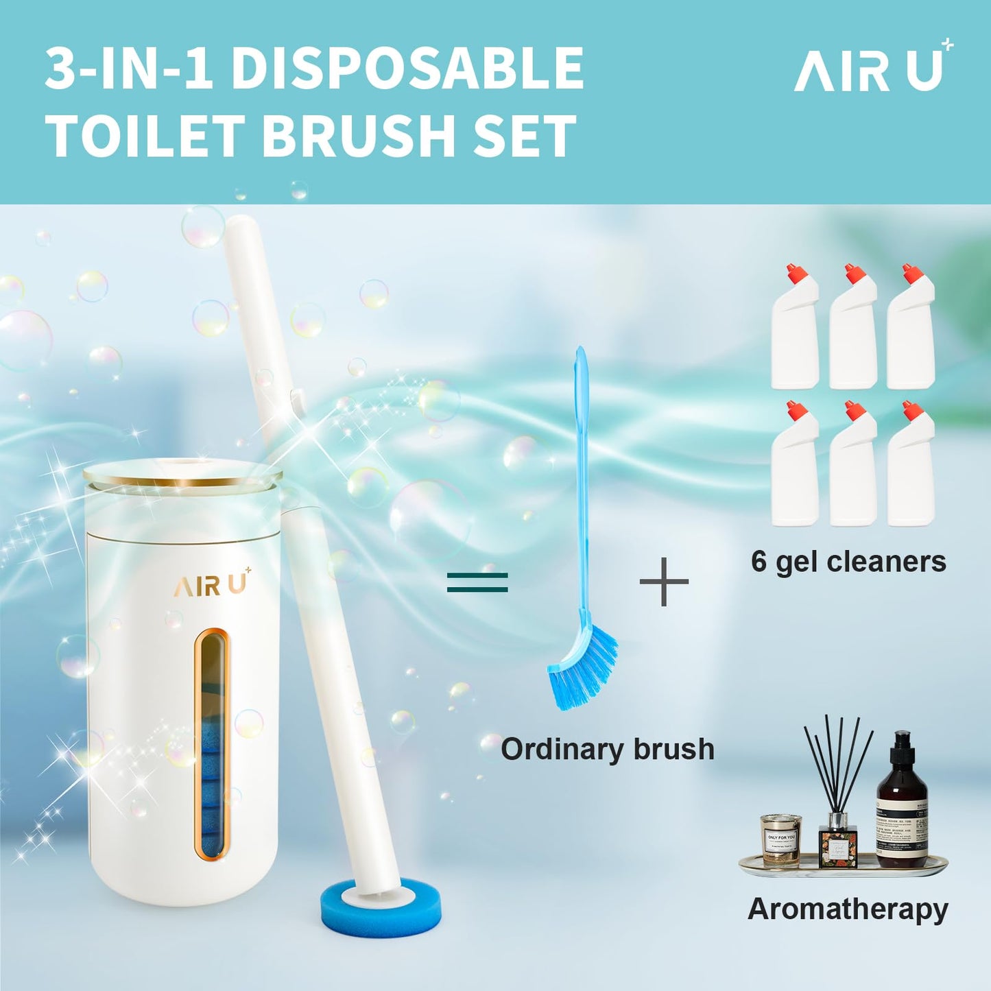 AIR U+ Disposable Toilet Brush, Toilet Bowl Cleaning System with 24 Wand Refill, Clean Brush Starter Kit with 1 Toilet Wand, 1 Storage Caddy and 1 Fragrant Tablet (1 + 24)
