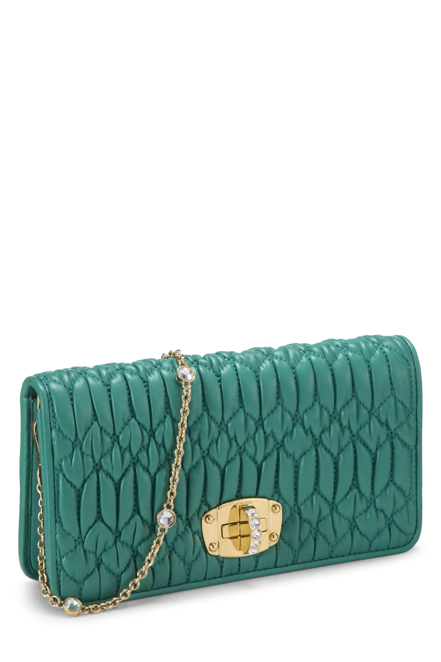 Miu Miu, Pre-Loved Green Nappa Crystal Flap Wallet On Chain (WOC), Green