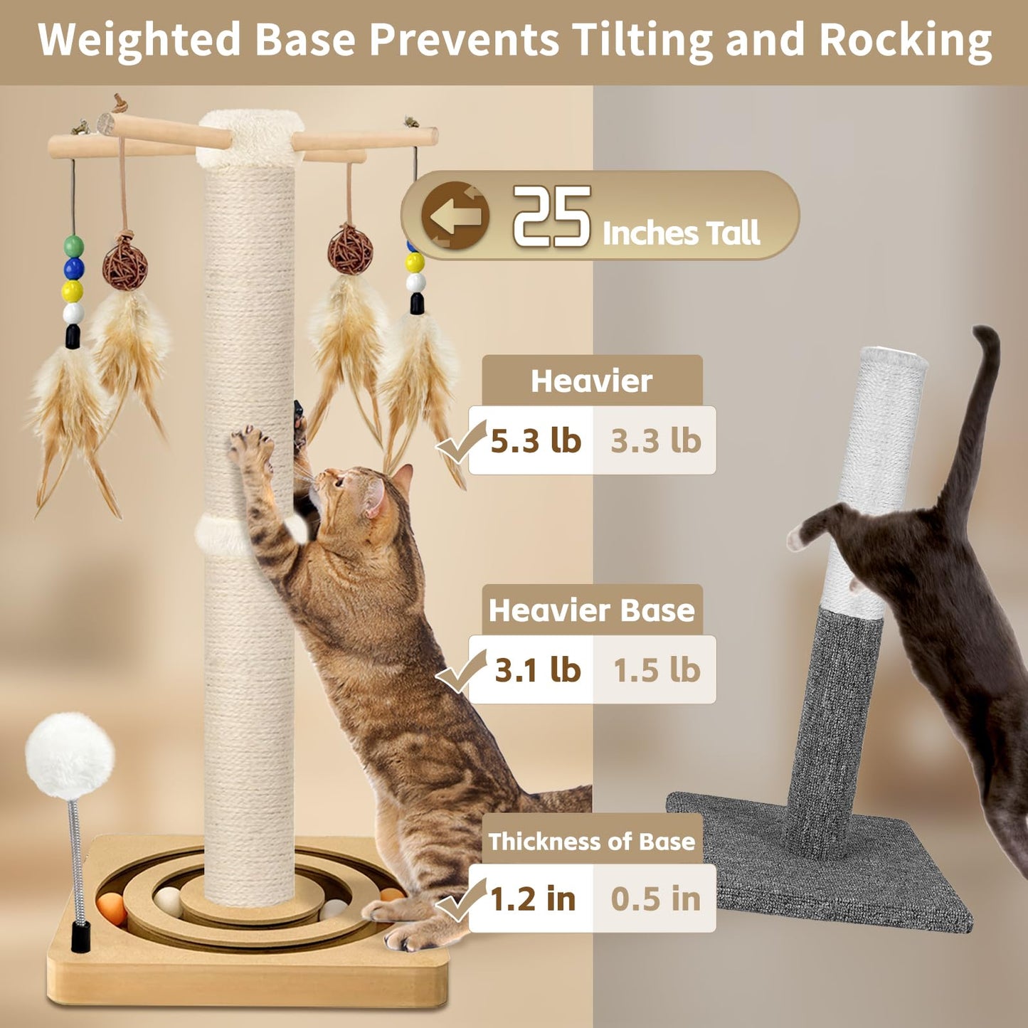 Cat Scratching Post, Sisal, Interactive Furniture Toys for Indoor Cats Adults, 2 Mounting Methods Scratcher Tree Tower with Hanging and Ball Track, Activity Center for Kitten, 25 inches