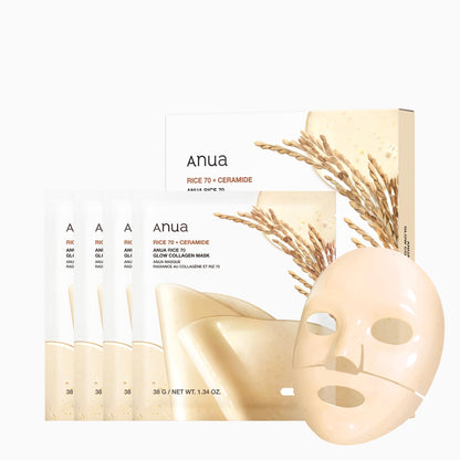 ANUA Rice 70 Glow Collagen Mask, Overnight Face Mask for Glass Skin, Ceramide, Collagen Facial Mask, Skin Moisture Barrier, Tightening Care, Natural Color, Korean Skin Care (38g, 4ea)