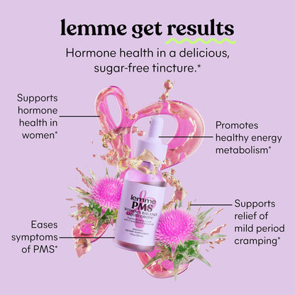 Lemme PMS Hormone Balance for Women Liquid Drops, PMS & Mild Period Cramping Relief, 10-in-1 Herbal Blend with Raspberry Leaf, Dong Quai, Cramp Bark, Reishi & B2, Organic, Sugar-Free, 1 fl oz