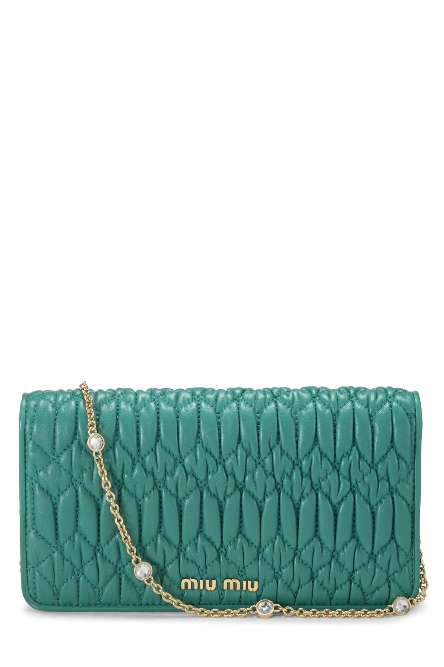 Miu Miu, Pre-Loved Green Nappa Crystal Flap Wallet On Chain (WOC), Green