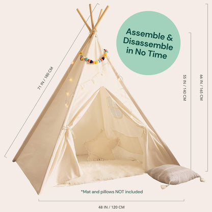 PlayVibe Kids Teepee Canopy - Baby & Toddler Play Shelter with LED Star Lights, Cozy Reading Nook, Party Canvas for Indoor Outdoor Fun - Tent for Kids - Play Tent