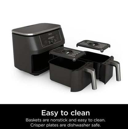 Ninja AD150 Foodi 8 Quart 6-in-1 DualZone 2-Basket Air Fryer with 2 Independent Frying Baskets, Match Cook & Smart Finish to Roast, Broil, Dehydrate & More for Quick, Easy Meals, Black (Renewed)