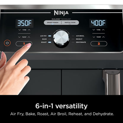 Ninja DZ401 Foodi 10 Quart 6-in-1 DualZone XL 2-Basket Air Fryer with 2 Independent Frying Baskets, Match Cook & Smart Finish to Roast, Broil, Dehydrate & More for Quick, Grey (Renewed)