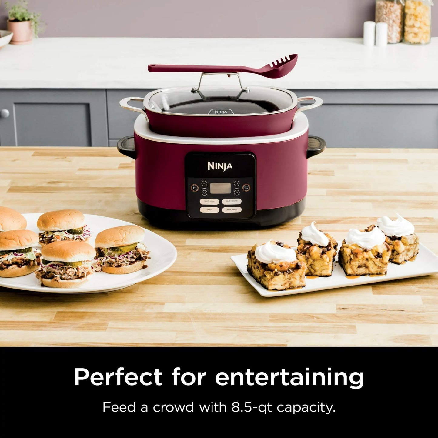 Ninja MC1000 Foodi PossibleCooker 8.5 Quart Multi-Cooker,with 4-in-1 Slow Cooker,Dutch Oven & More,Glass Lid & Integrated Spoon,Nonstick,Oven Safe Pot to 500°F,Cherry Tarte (Renewed) (CRT2NJMC1000RB)