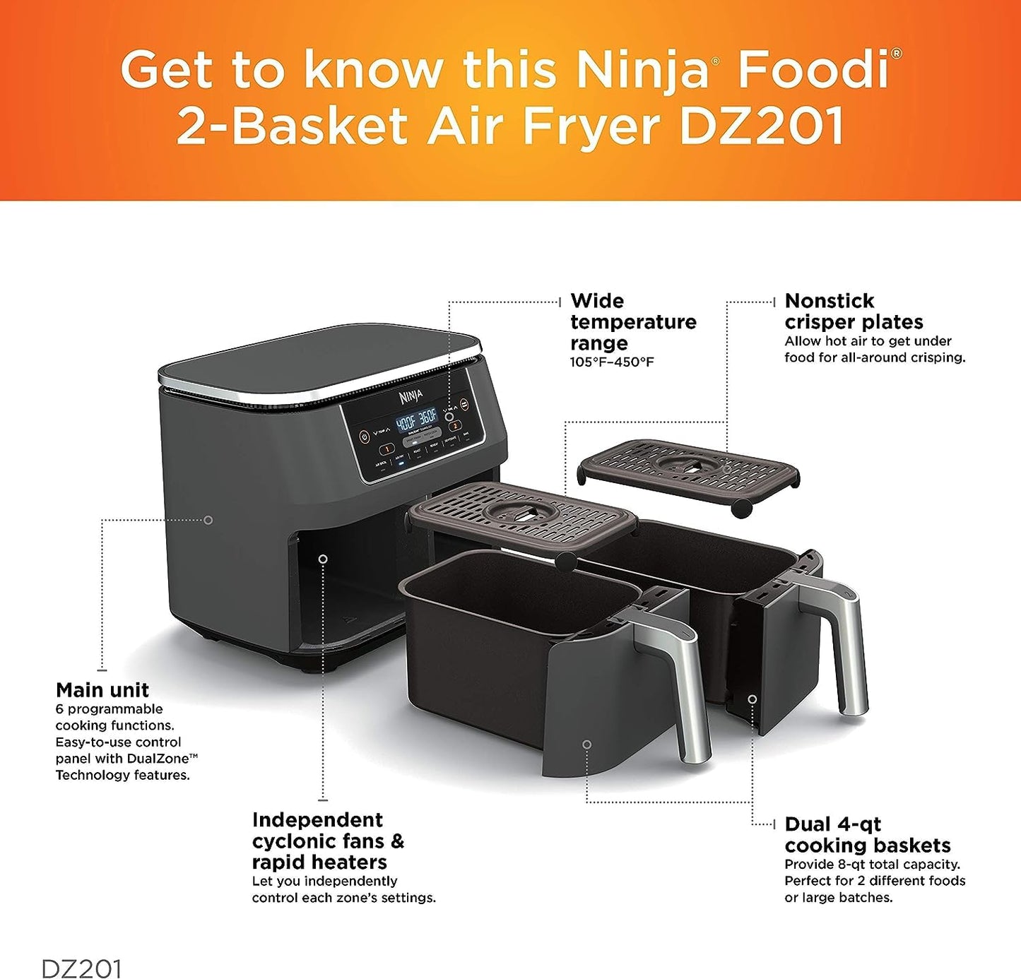 Ninja DZ201BK Foodi 6-in-1 2-Basket Air Fryer with DualZone Technology, 8-Quart Capacity (Black Stainless) (Renewed)