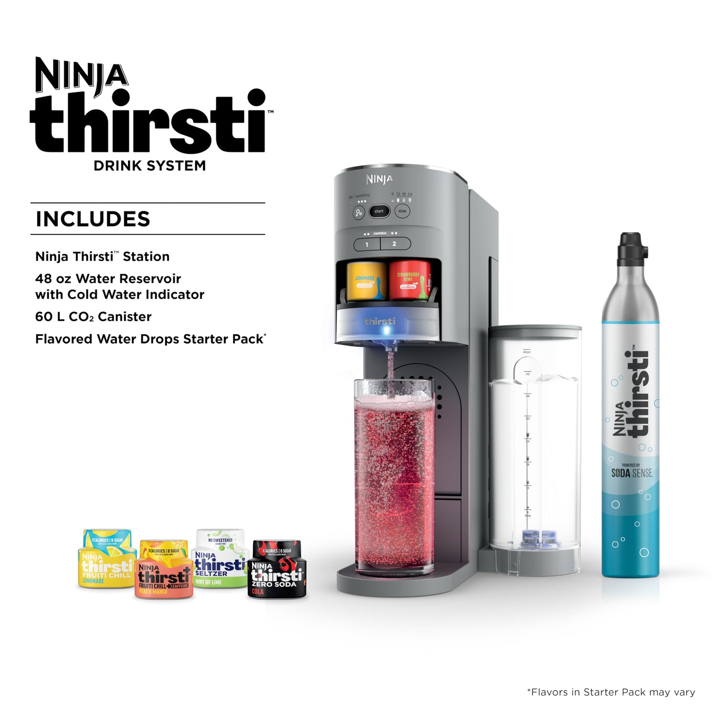 Ninja Thirsti Drink System, Soda Maker, Create Unique Sparkling & Still Drinks, Personalize Size & Flavor, Carbonated Water Machine, 60L CO2 Cylinder & Variety of Flavored Water Drops, Gray WC999AMZ