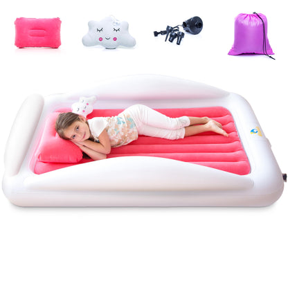 Sleepah Inflatable Toddler Travel Bed Portable Kids Air Mattress Set w Safety Rail Guards for Kids & Toddlers – Includes Pump, Carry Case, Pillow & More - Perfect Transitional Cot Coral