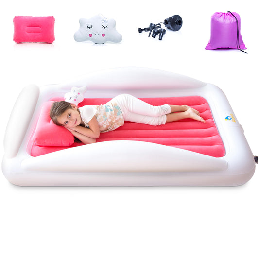 Sleepah Inflatable Toddler Travel Bed Portable Kids Air Mattress Set w Safety Rail Guards for Kids & Toddlers – Includes Pump, Carry Case, Pillow & More - Perfect Transitional Cot Coral