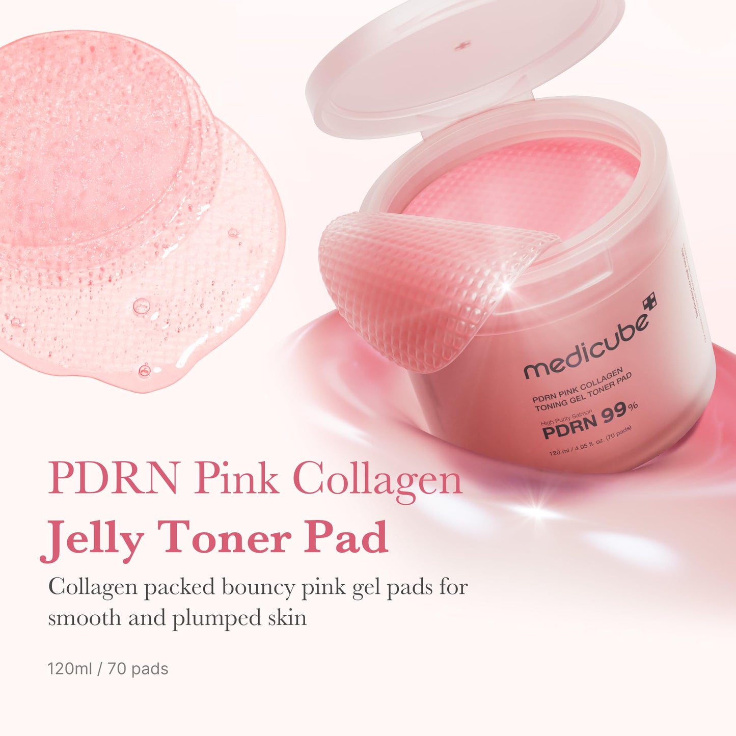 medicube Salmon DNA PDRN Pink Collagen Jelly Pad | Korean Gel Toner Pads with Niacinamide, Madecassoside, Retinol | Soothing, Radiance&Uneven Skin Tone | Korean Skin Care | 70Pads