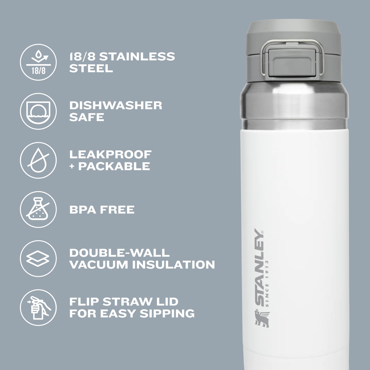 Stanley Quick Flip GO Water Bottle 36 oz | Push Button Lid | Leakproof and Packable for Travel and Sports | Insulated Stainless Steel | BPA-Free | Pool