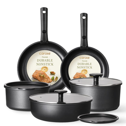 CAROTE Pots and Pans Set Non Stick, Cookware Set Detachable Handle, Nonstick Induction Kitchen Sets Non Stick with Removable Handle, RV Cook Ware, Oven Safe, Black