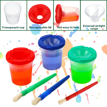 10 Pcs Children's Paint Cups with Lids for Kids Leakproof No Spill Paint Cups Toddlers and 10 Pieces Matching Colored Painting Round Brush Set Outdoor Art Supplies for Kids