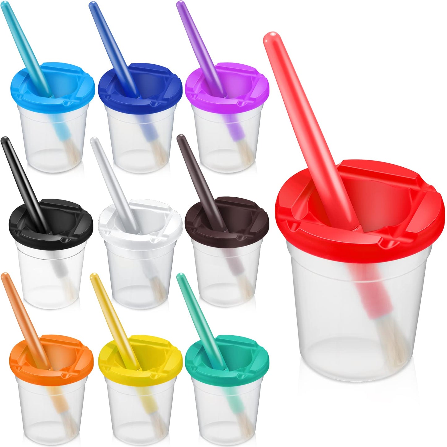 10 Pcs Children's Paint Cups with Lids for Kids Leakproof No Spill Paint Cups Toddlers and 10 Pieces Matching Colored Painting Round Brush Set Outdoor Art Supplies for Kids