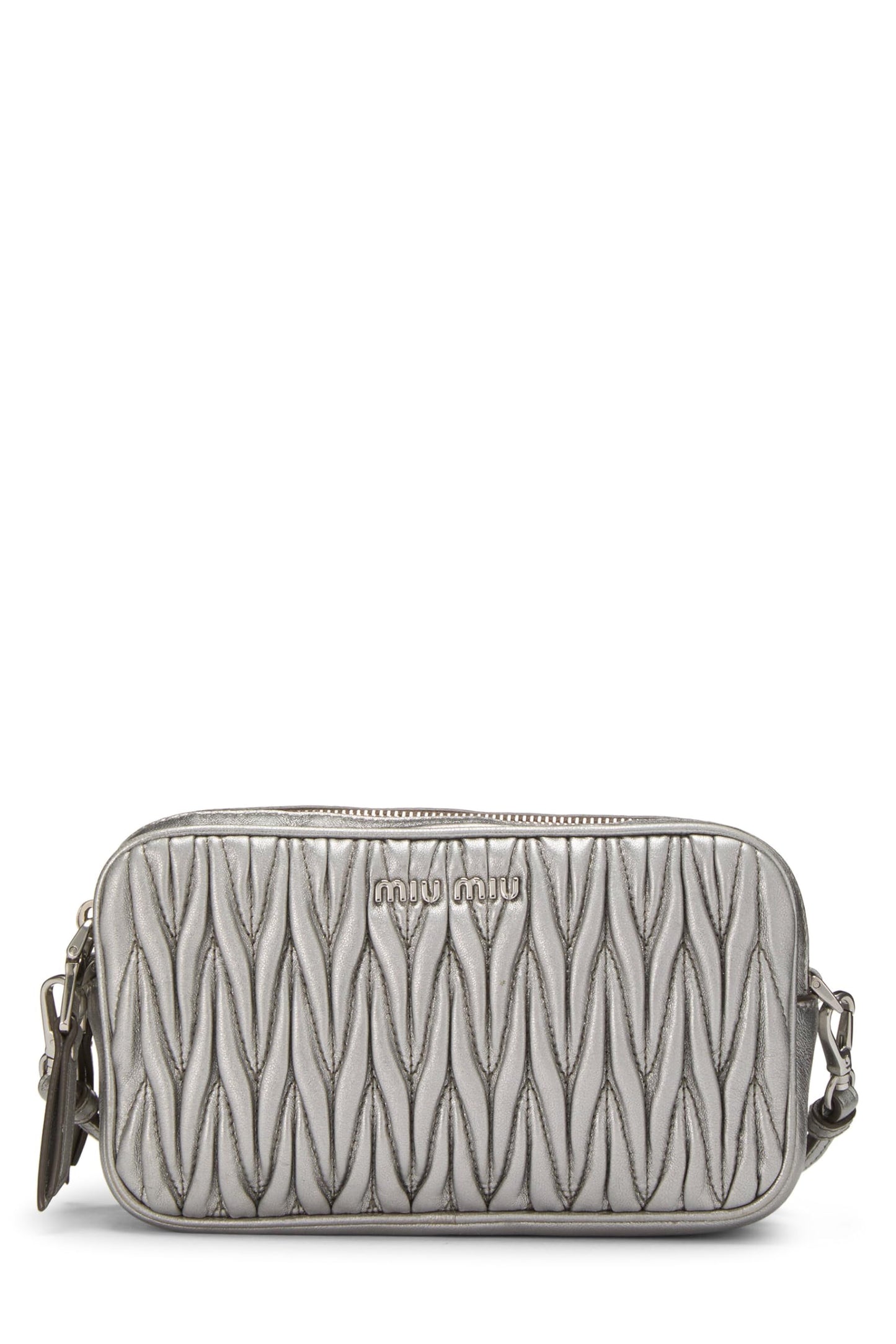 Miu Miu, Pre-Loved Silver Nappa Double Zip Camera Crossbody Bag, Silver