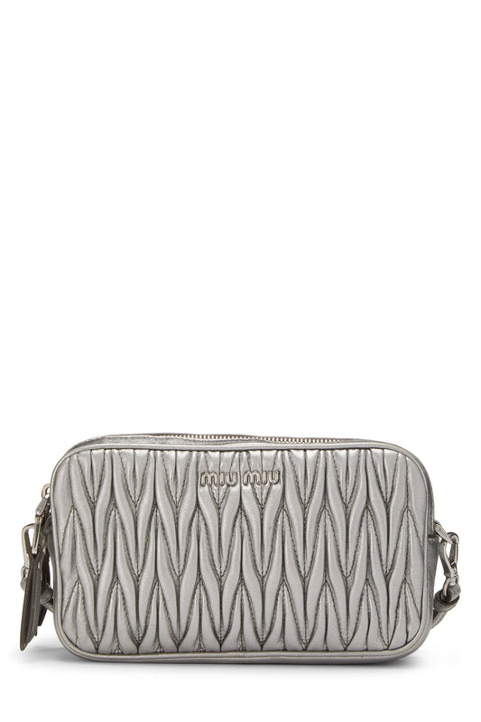 Miu Miu, Pre-Loved Silver Nappa Double Zip Camera Crossbody Bag, Silver