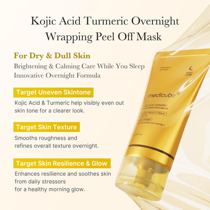 medicube Korean Overnight Glow Mask Trio:PDRN Caffeine & Collagen & Kojic Acid Turmeric Overnight Wrapping Peel Off Facial Mask and Jelly Brush