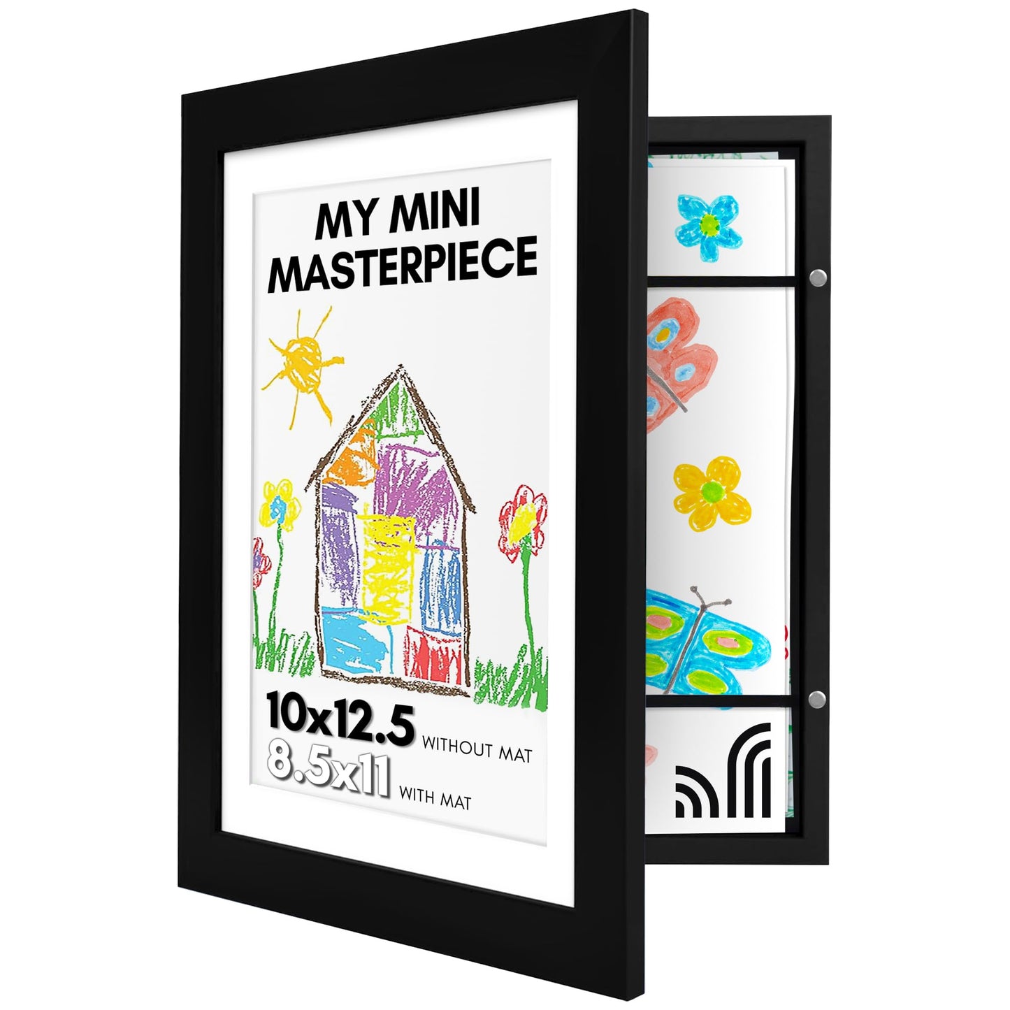 Americanflat 10x12.5 Kids Art Frame - Front Loading Picture Frames Hold 100 Artworks - Use as 8.5x11 Frame with Mat or Display 10x12.5 Artwork Without Mat - My Mini Masterpiece - Black