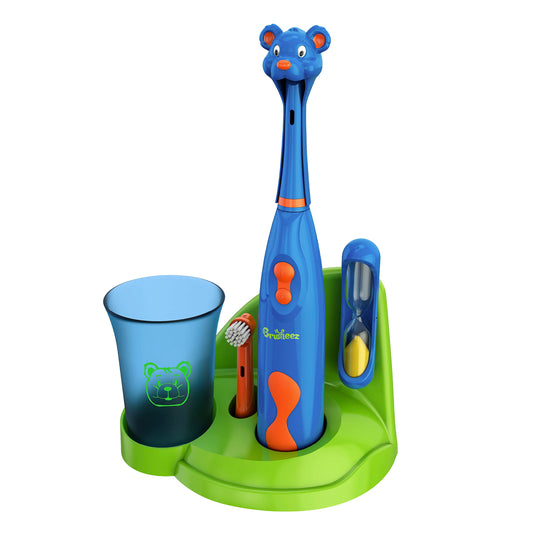 Brusheez Kids’ Electric Toothbrush Set - Safe & Effective for Ages 3+ - Parent Tested & Approved with Gentle Bristles, 2 Brush Heads, Rinse Cup, 2-Minute Timer, & Storage Base (Buddy The Bear)