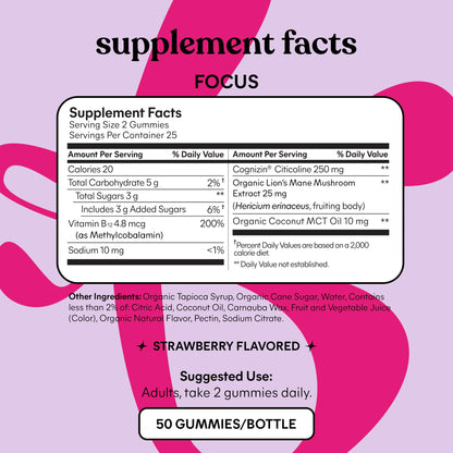 Lemme Focus Concentration & Brain Health Gummies with Cognizin Citicoline, Lion's Mane Mushroom, Vitamin B12 to Support Focus + Concentration - Gluten Free, Caffeine Free, Strawberry (50 Count)