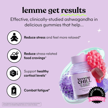 Lemme Chill Stress Relief Gummies with 300mg KSM-66 Ashwagandha, Lemon Balm, Passionflower & Goji to Support Relaxation, Healthy Cortisol & Sleep - Gluten-Free, Non-GMO, Mixed Berry (60 Count)