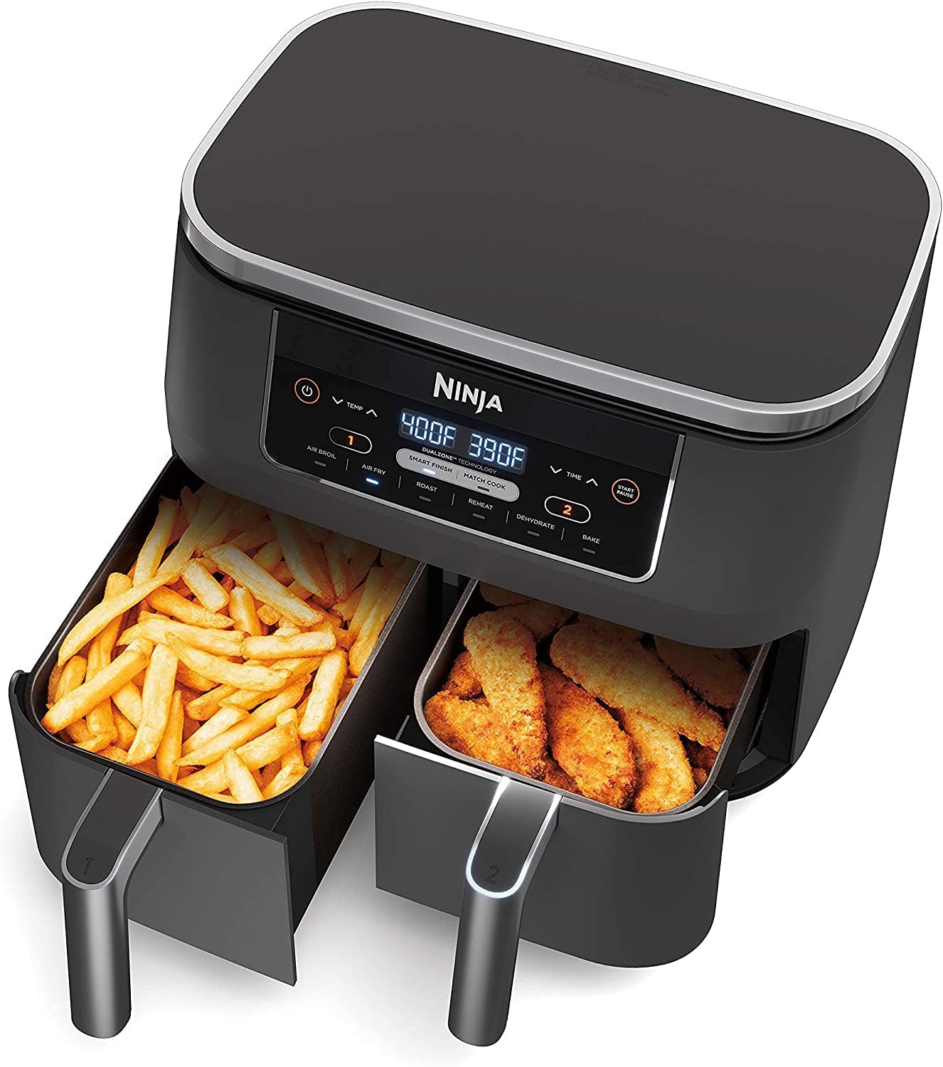 Ninja DZ201 Foodi 6-in-1 2-Basket Air Fryer with DualZone Technology, 8-Quart Capacity -Dark Grey Stainless- (Renewed)