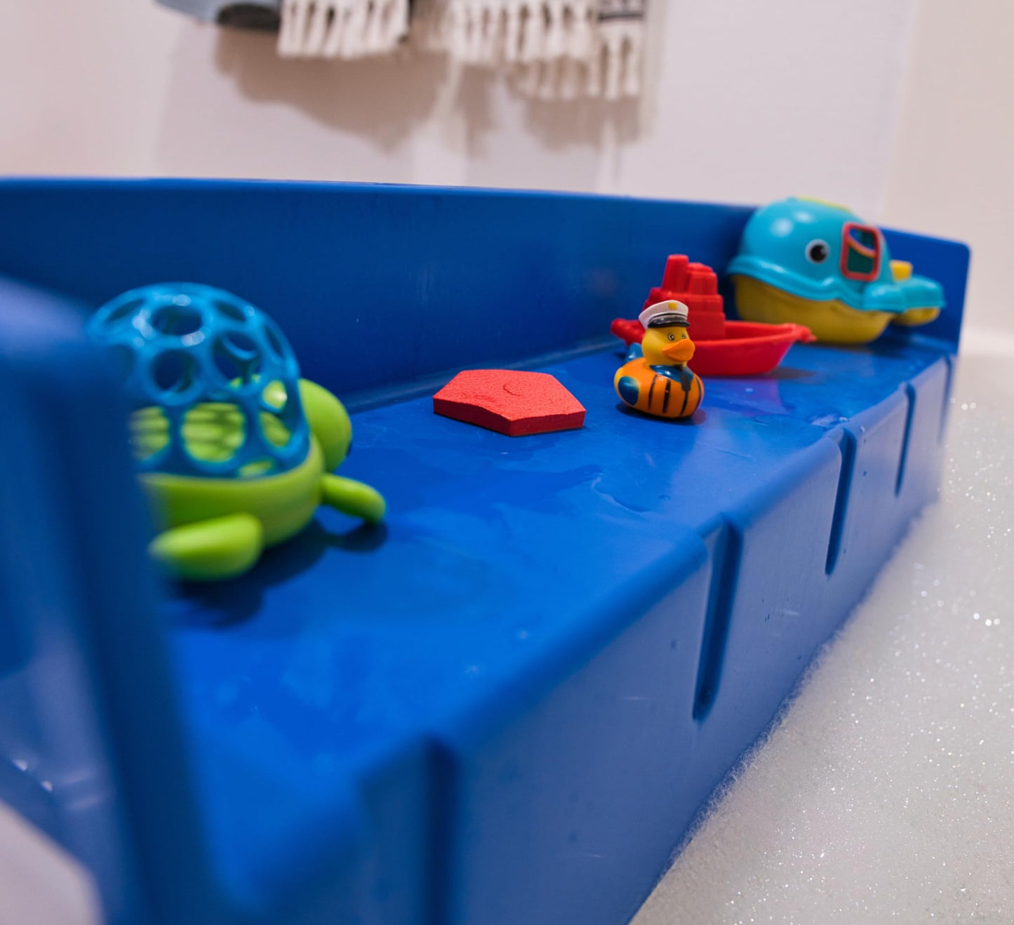 Tub Topper® Bathtub Splash Guard Play Shelf Area -Toy Tray Caddy Holder Storage - Suction Cups Attach to Bath Tub - No Mess Water Spill in Bathroom - Fun for Toddlers Kids Baby (Blue)