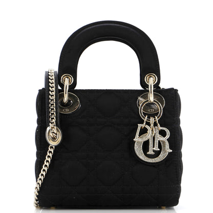 Christian Dior, Pre-Loved Lady Dior Bag Cannage Quilt Satin with Crystal Charms Mini, Black