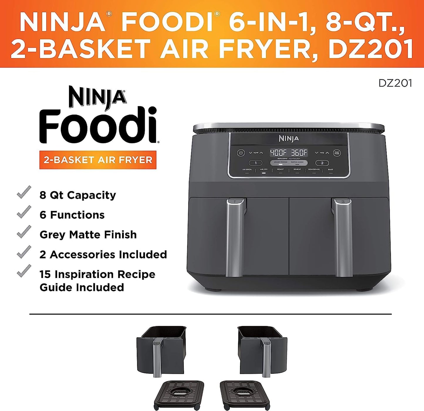 Ninja DZ201BK Foodi 6-in-1 2-Basket Air Fryer with DualZone Technology, 8-Quart Capacity (Black Stainless) (Renewed)