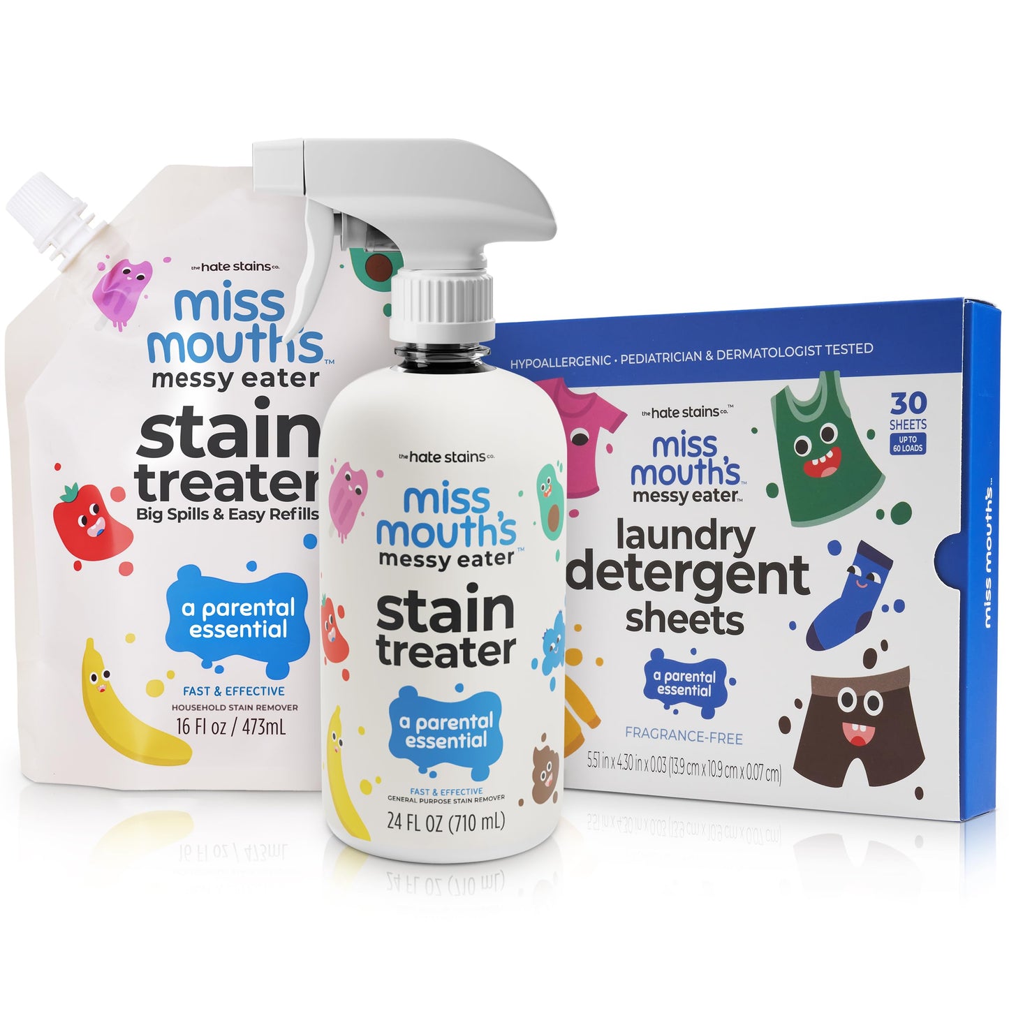 Miss Mouth's Messy Eater Stain Treater - 16oz Bottle & Refill Pouch and Laundry Detergent Sheets