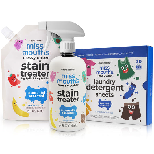 Miss Mouth's Messy Eater Stain Treater - 16oz Bottle & Refill Pouch and Laundry Detergent Sheets
