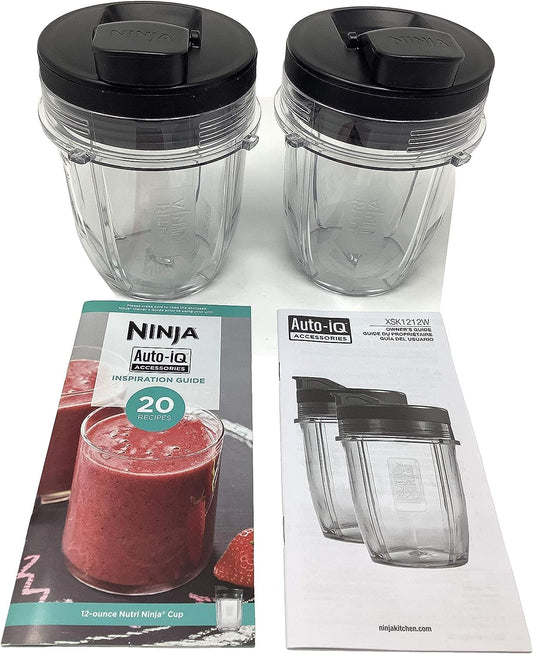 Genuine Nutri Ninja 2-Pack 12oz Tritan Cup w/Spout Lid for Auto-iQ BL450 BL456 BL480 BL482 BL490 BL494 BL641 BL680 BL681 BL682 BL687 BL2012 BN750 BN800 BN805 NN102 Blender