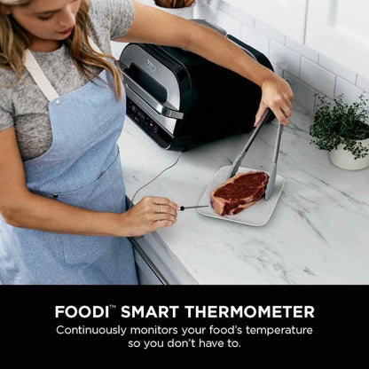 Ninja Indoor Grill, Foodi Smart XL 6-in-1 Indoor Grill with Air Fry, Roast, Bake, Broil & Dehydrate, Smart Thermometer, Black/Silver, FG551