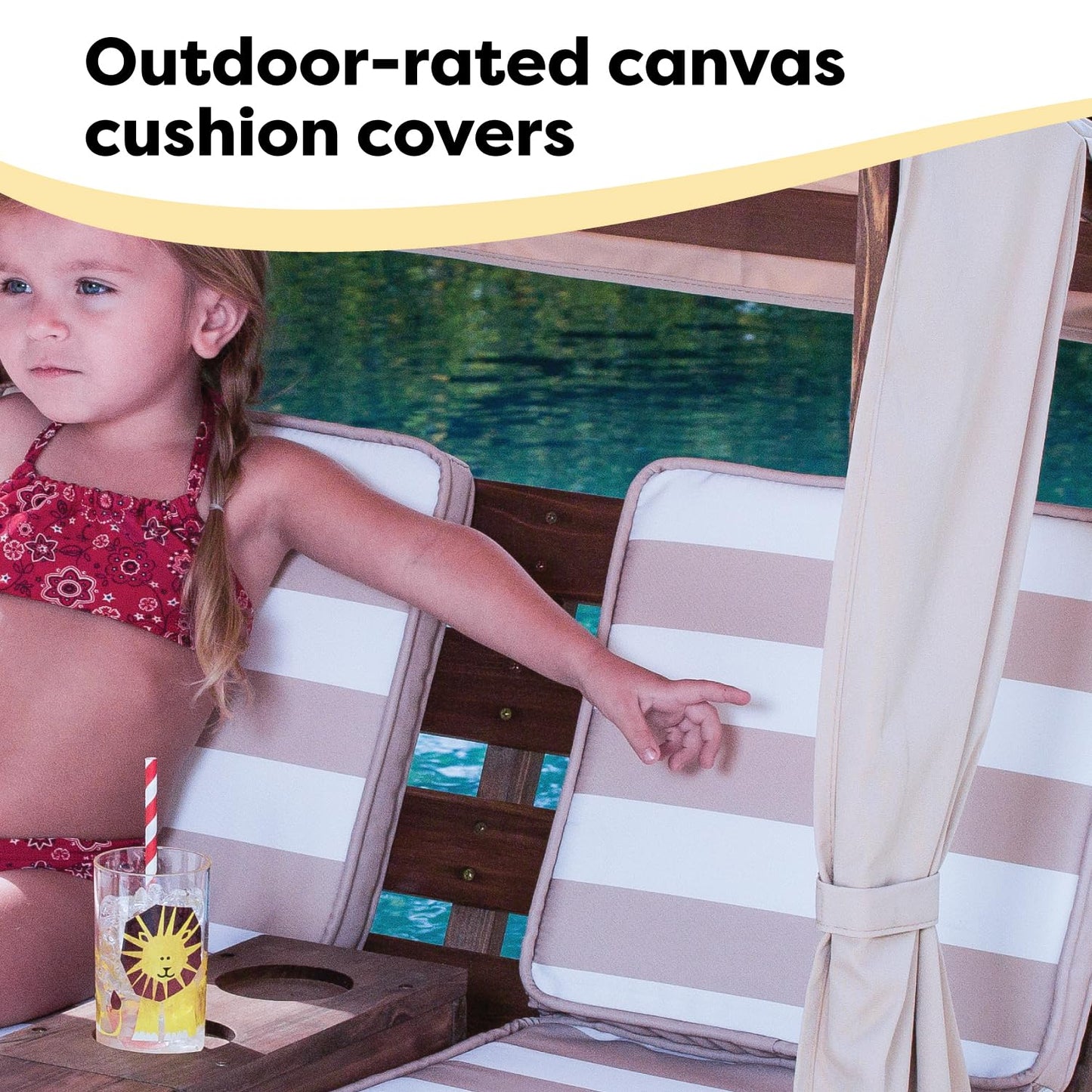 KidKraft Wooden Outdoor Double Chaise Lounge with Cup Holders, Patio Furniture for Kids or Pets, Espresso with Oatmeal and White Striped Fabric