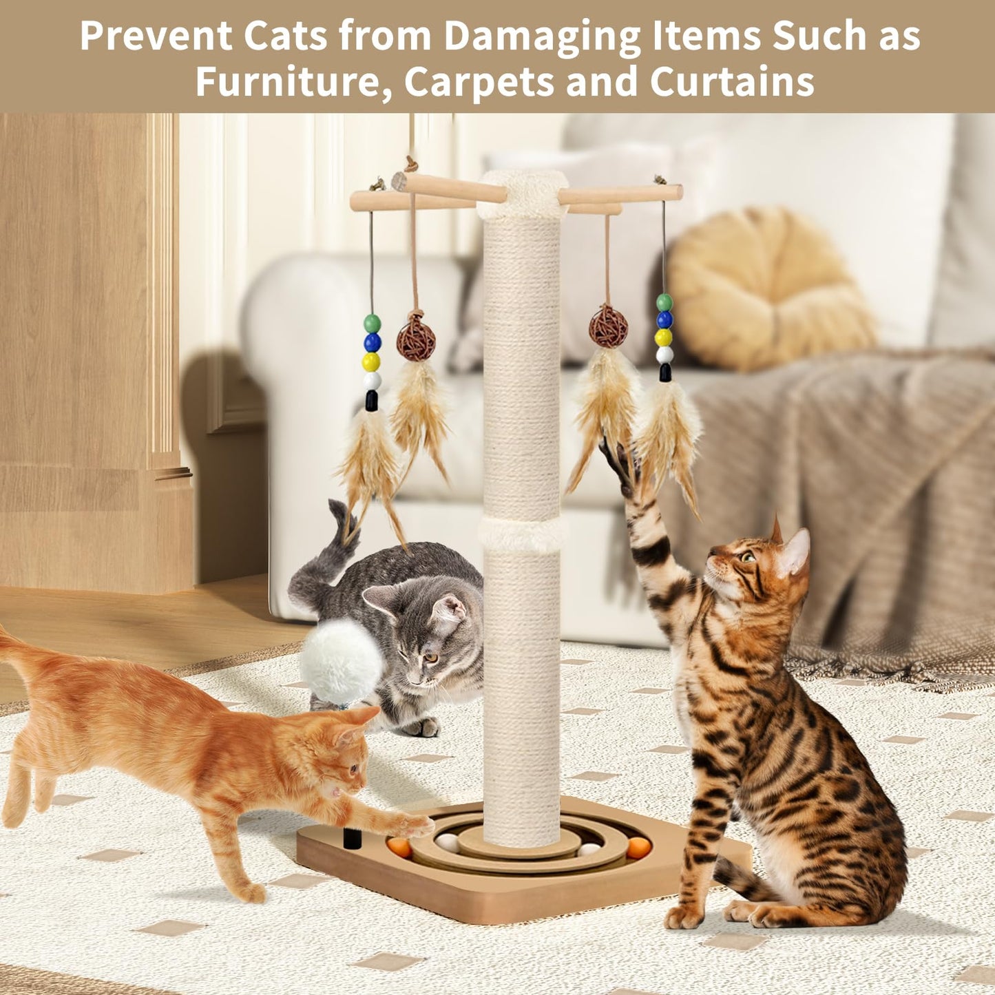 Cat Scratching Post, Sisal, Interactive Furniture Toys for Indoor Cats Adults, 2 Mounting Methods Scratcher Tree Tower with Hanging and Ball Track, Activity Center for Kitten, 25 inches