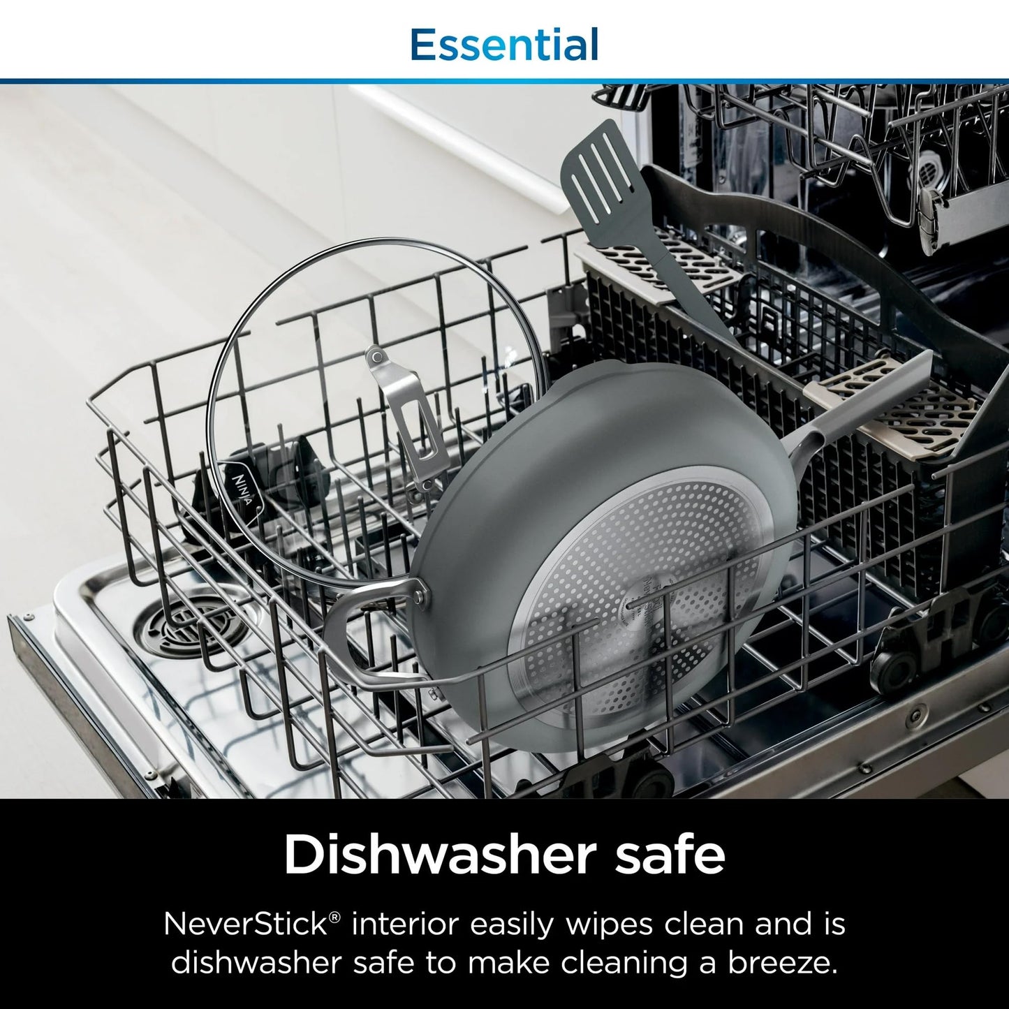 Ninja Foodi NeverStick Oven Safe Pan with Lid, Mesh Strainer, & Spatula, 4 Quart, Sea Salt Grey