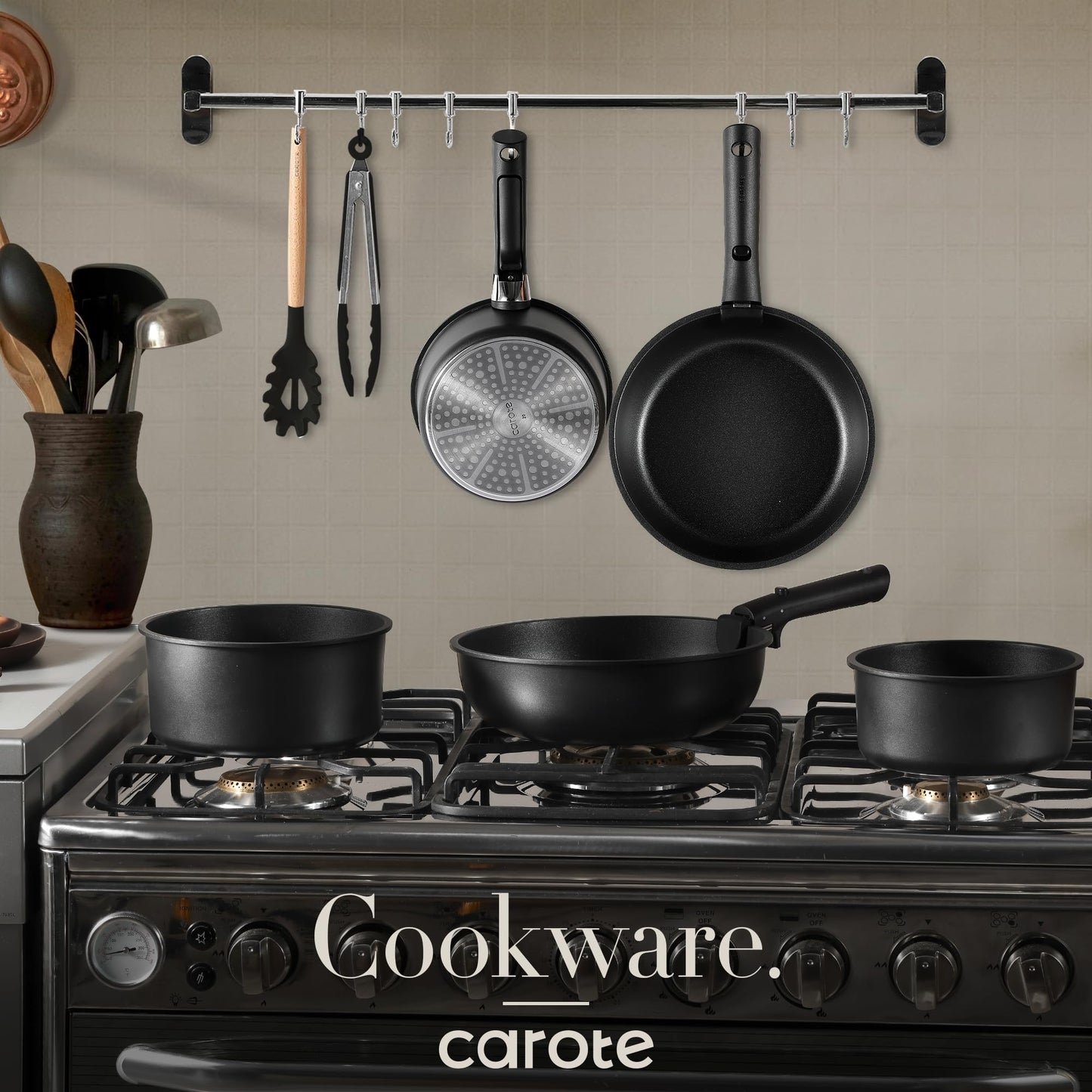 CAROTE Pots and Pans Set Non Stick, Cookware Set Detachable Handle, Nonstick Induction Kitchen Sets Non Stick with Removable Handle, RV Cook Ware, Oven Safe, Black