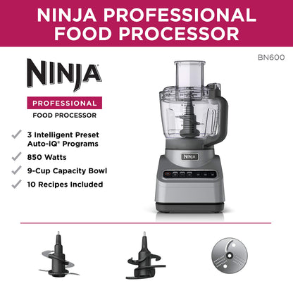 Ninja Professional Plus Chopper Food Processor 850-Watts With Auto-iQ Preset Programs Chop Puree Dough Slice Shred With a 9-Cup Capacity and a Silver Stainless Finish (BN600C) - Canadian Version
