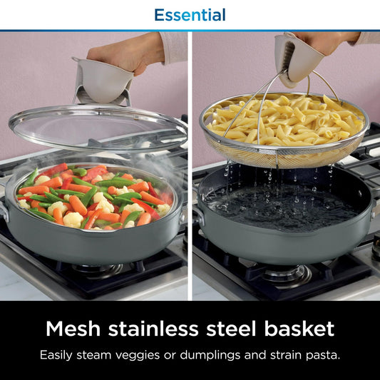 Ninja Foodi NeverStick Oven Safe Pan with Lid, Mesh Strainer, & Spatula, 4 Quart, Sea Salt Grey
