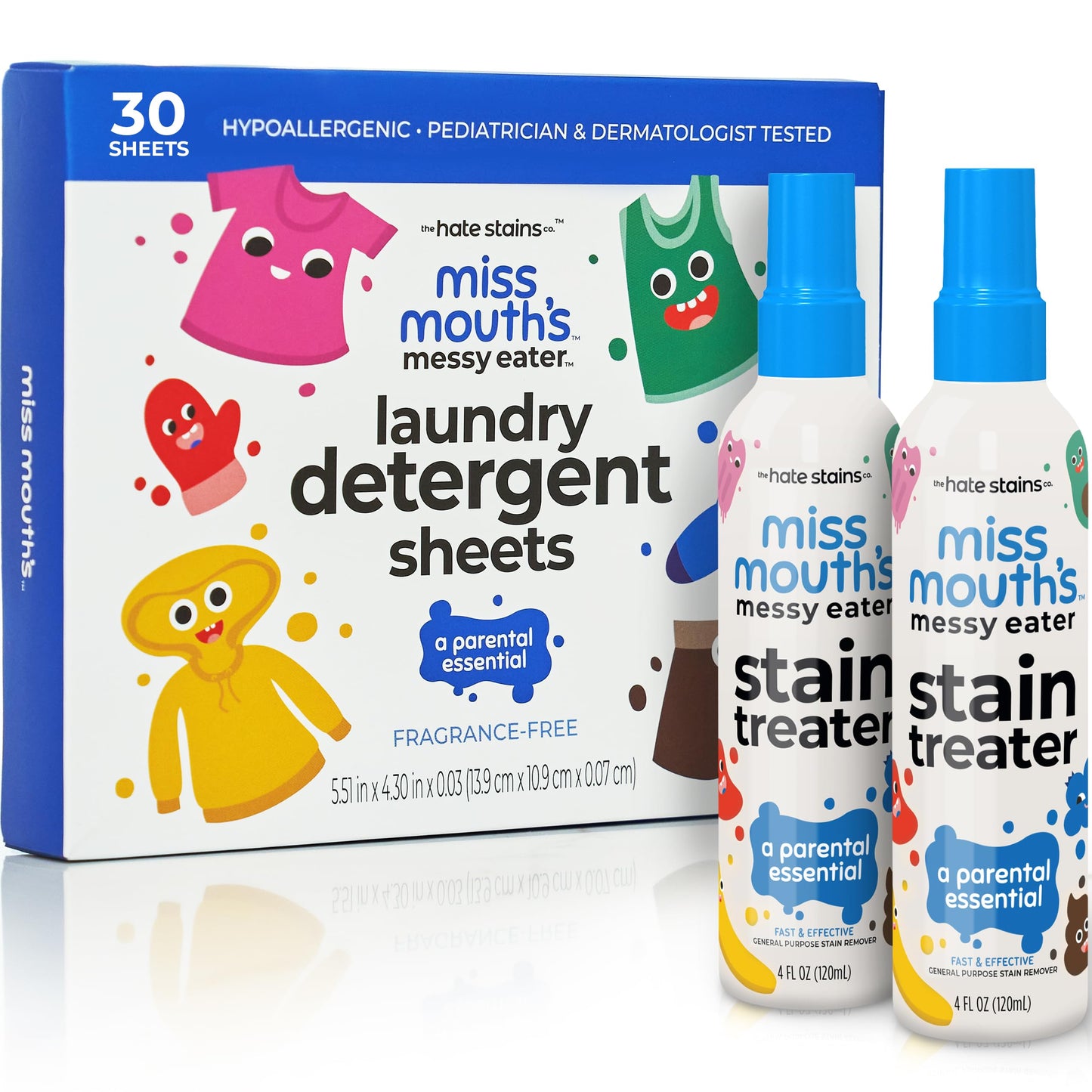 Miss Mouth's Messy Eater Stain Treater Spray - 4oz 2 Pack Stain Remover and Laundry Detergent Sheets