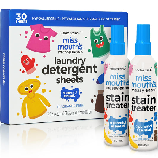 Miss Mouth's Messy Eater Stain Treater Spray - 4oz 2 Pack Stain Remover and Laundry Detergent Sheets