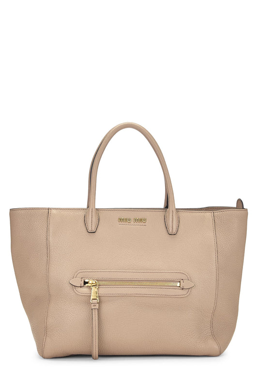 Miu Miu, Pre-Loved Pink Leather Madras Front Zip Pocket Tote Medium, Pink