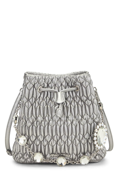 Miu Miu, Pre-Loved Silver Nappa Crystal Drawstring Bucket Bag, Silver