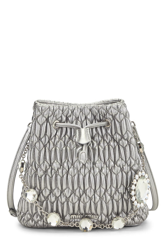 Miu Miu, Pre-Loved Silver Nappa Crystal Drawstring Bucket Bag, Silver